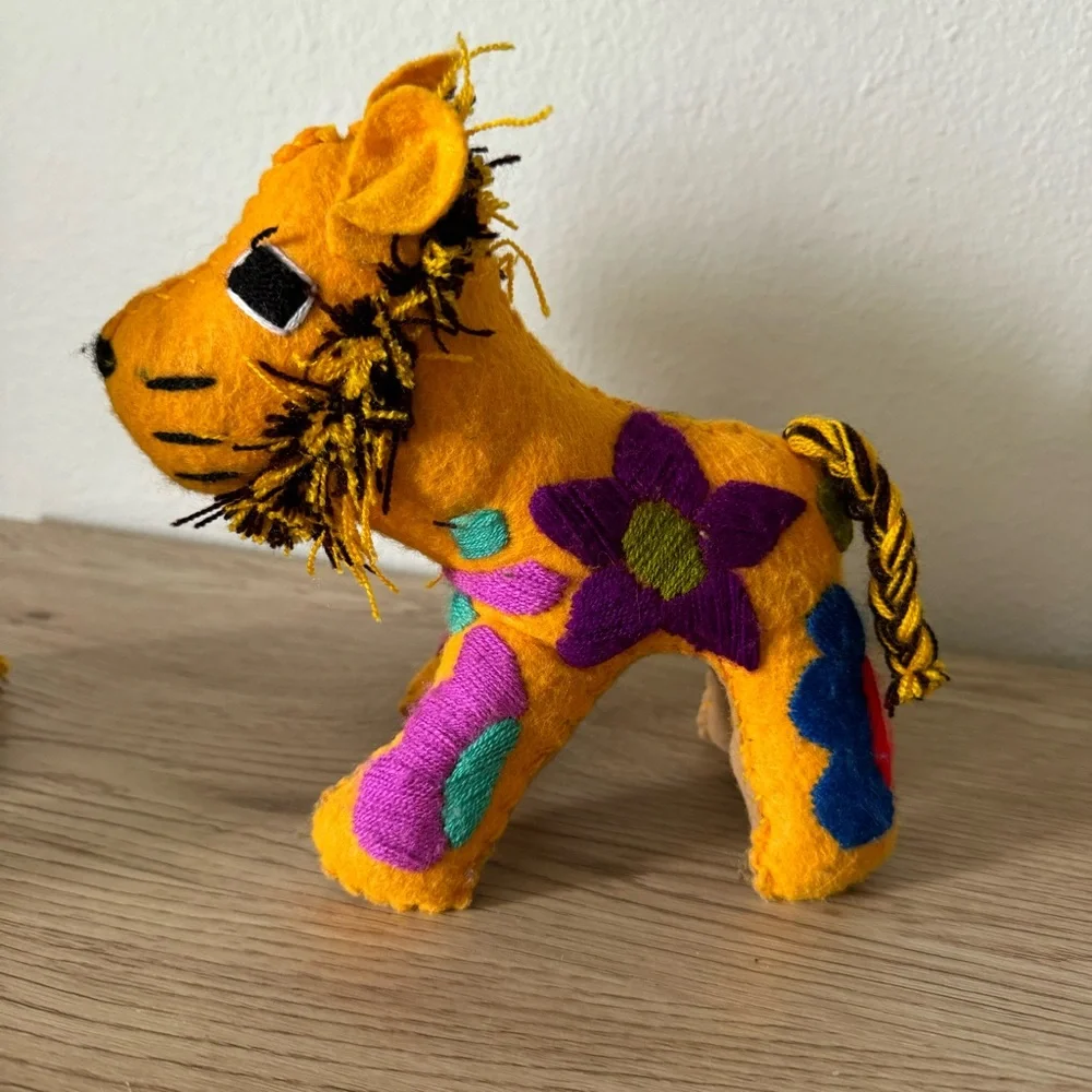 Mexican Folk Art Handmade Lion &‎ Cub Colorful Stuffed Animals Embroidered Plush